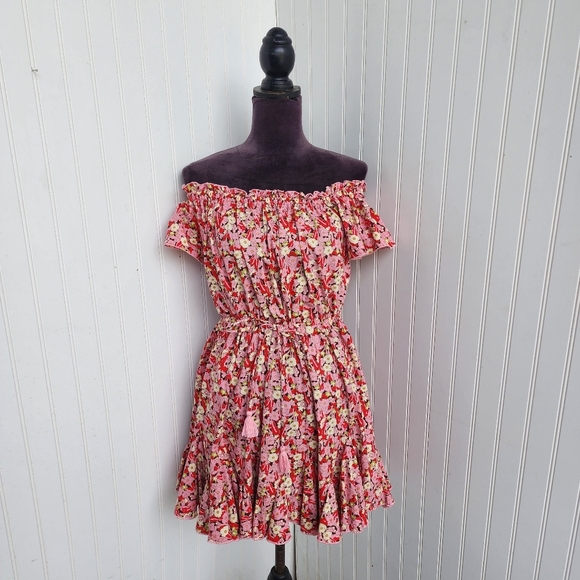 Aakaa Anthropologie Dress Womens Red Pink Floral Fit Flare Short Flutter Sz S - Picture 1 of 15